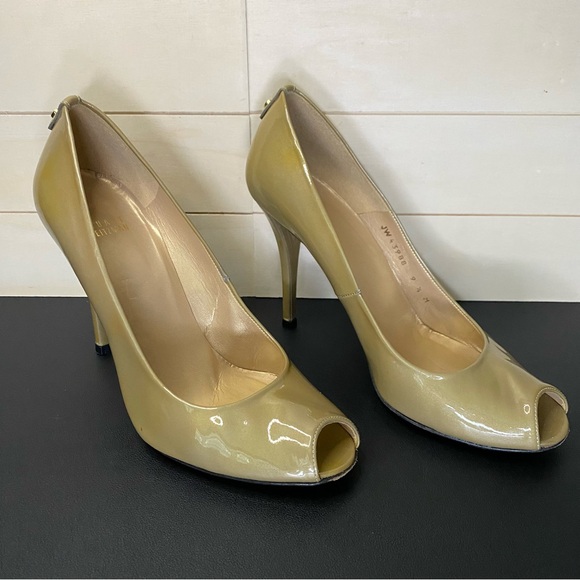 Stuart Weitzman Peep Toe Heels Patent Leather Women's Size 9.5 Shoes M Gold - Picture 10 of 10